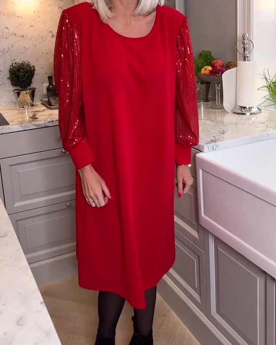 Fashionable solid color sequin patchwork long-sleeve dress