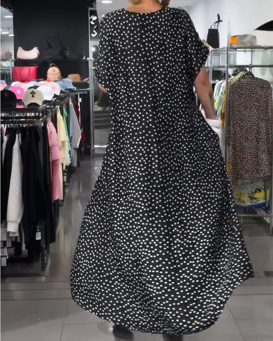 V-Neck Polka Dot Loose Flared Dress