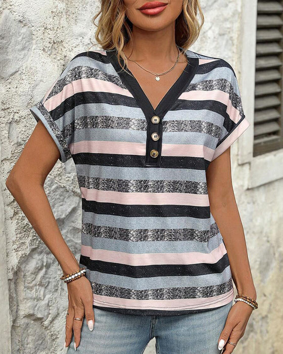V-Neck Three-Button Striped T-Shirt