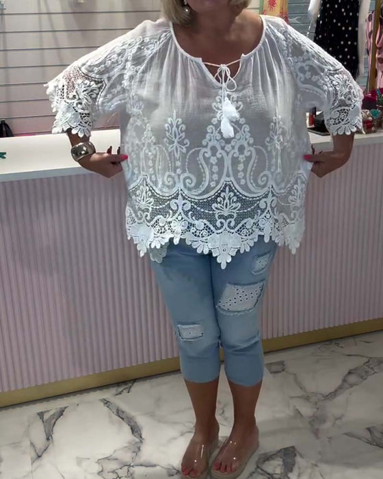 Lace-Up See-Through Lace Patchwork Blouse