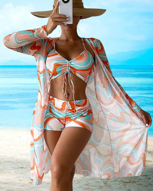 Three-piece printed bikini swimsuit