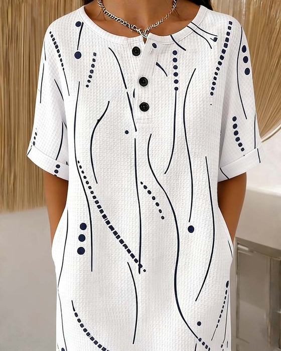 Crew Neck Button Line Waffle Dress