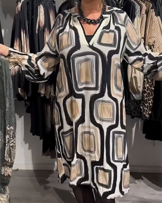 V-Neck Geometric Print Loose Dress