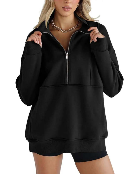 Solid Color Lapel Zipper Sweatshirt