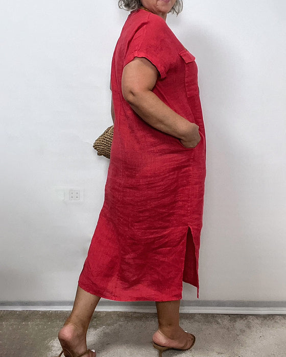 V-Neck Button Pocket Solid Dress