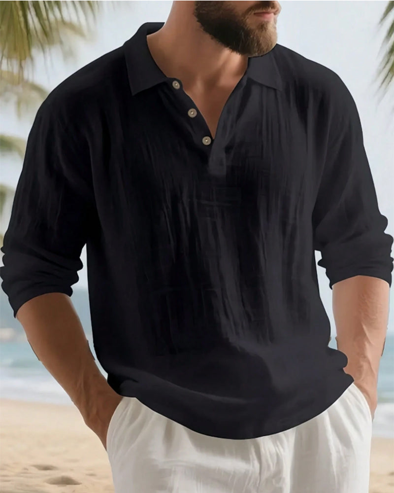 Men's Lightweight Loose Linen Long Sleeve Polo Shirt