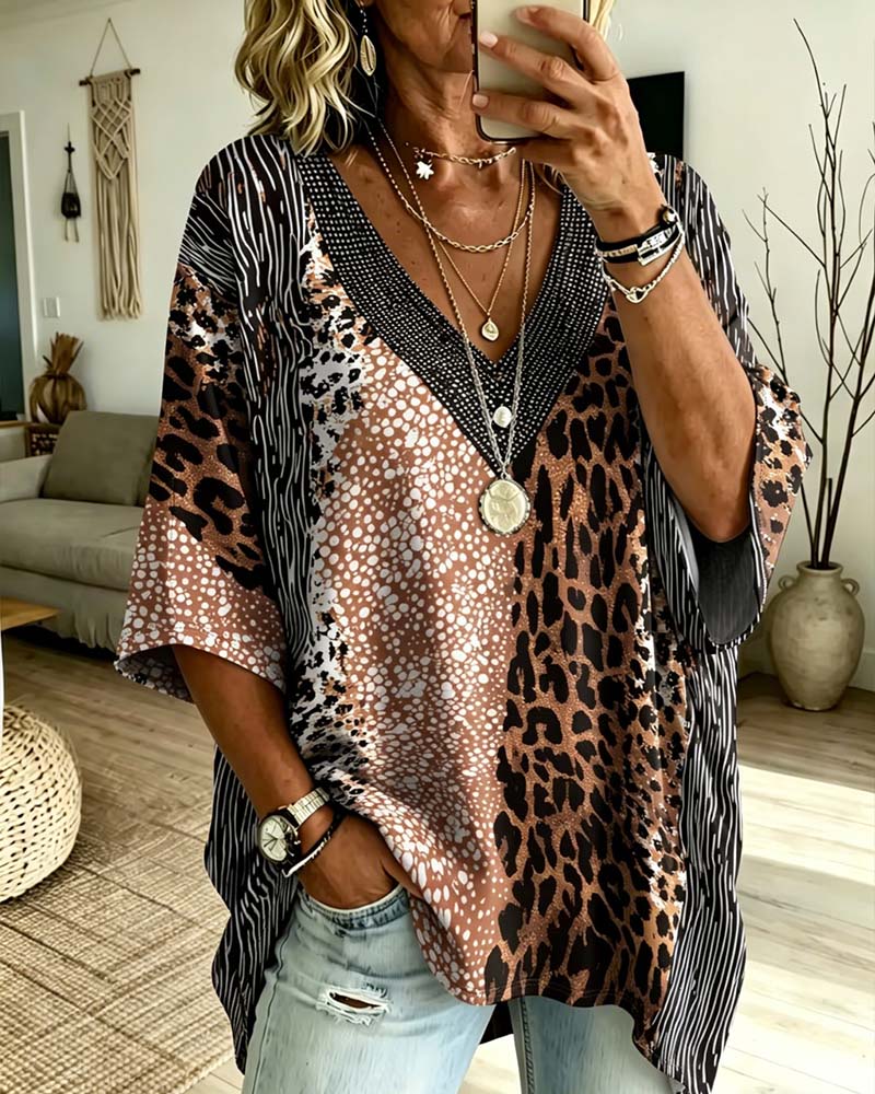 V-Neck Leopard Dot Color-Block Top