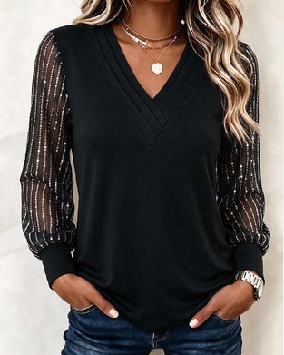 V-Neck Mesh Long-Sleeved Patchwork Top