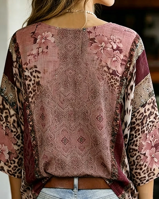 V-Neck Lantern Sleeve Leopard Blouse
