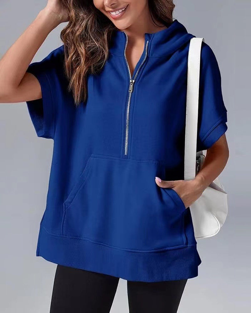 Short Sleeve Partial Zipper Hooded Sweatshirt