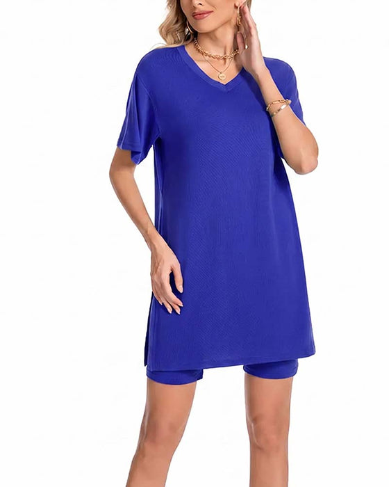 V-Neck Side Split Short Sleeve Set