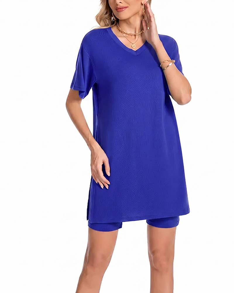 V-Neck Side Split Short Sleeve Set