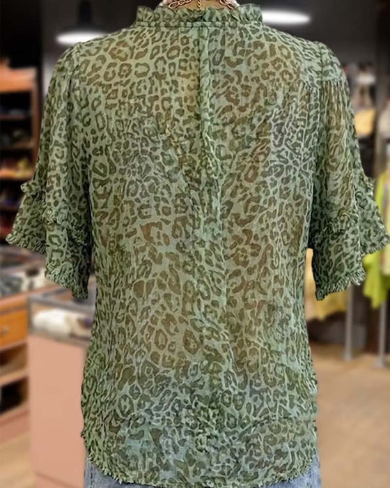Green-Toned Leopard Print Ruffle Blouse
