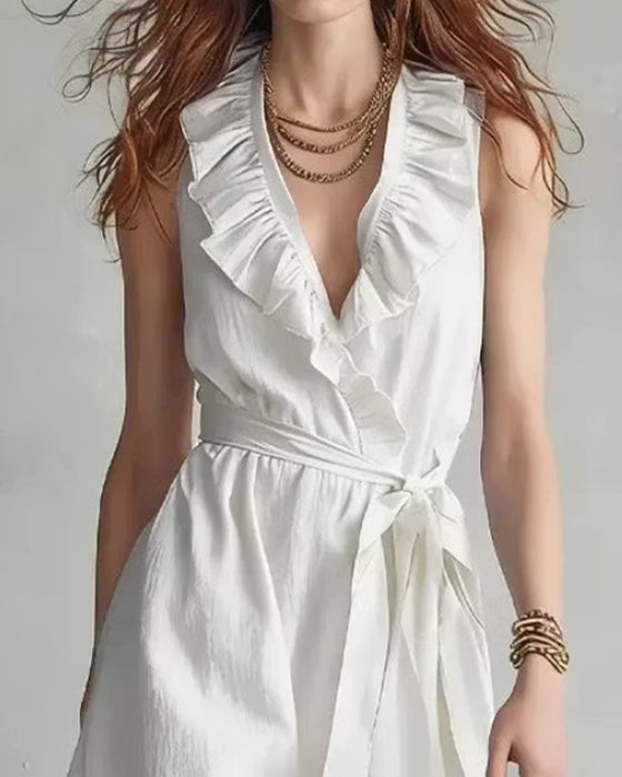V-Neck Sleeveless Ruffled Tie-Front Dress