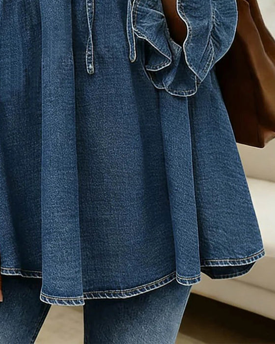 Ruffled Tie Denim Crew Neck Blouse
