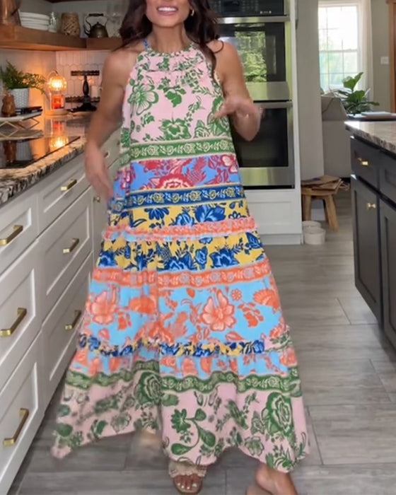 Printed Contrast Color Sleeveless Dress