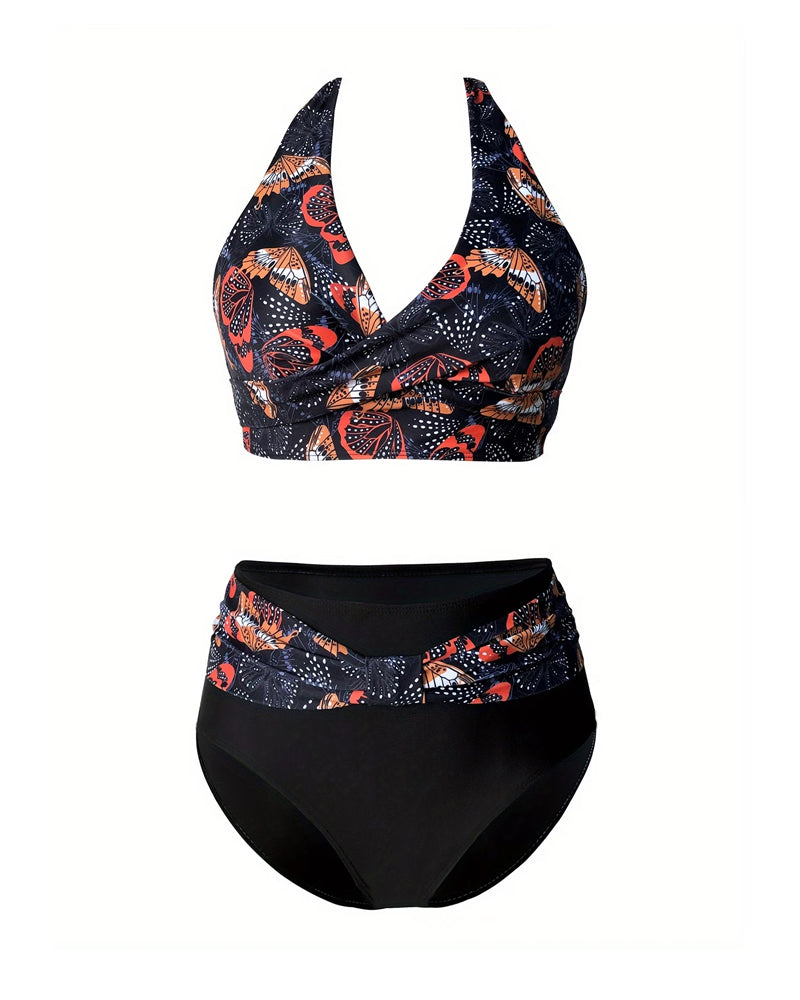 Butterfly Pattern Halter Neck Bikini