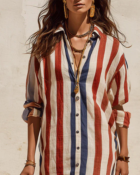 Casual Striped Shirt Collar Dress