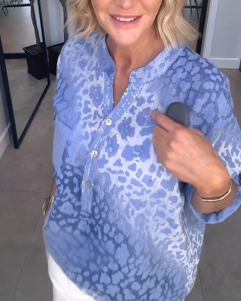Ombre Leopard Pattern Henley Neck Blouse