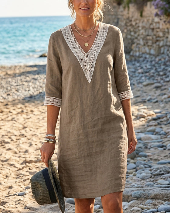 Three-Quarter Sleeve V-Neck Lace Patchwork Dress