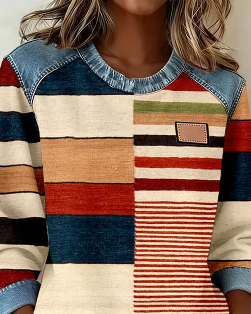 Color Striped Contrasting Round Neck Sweatshirt