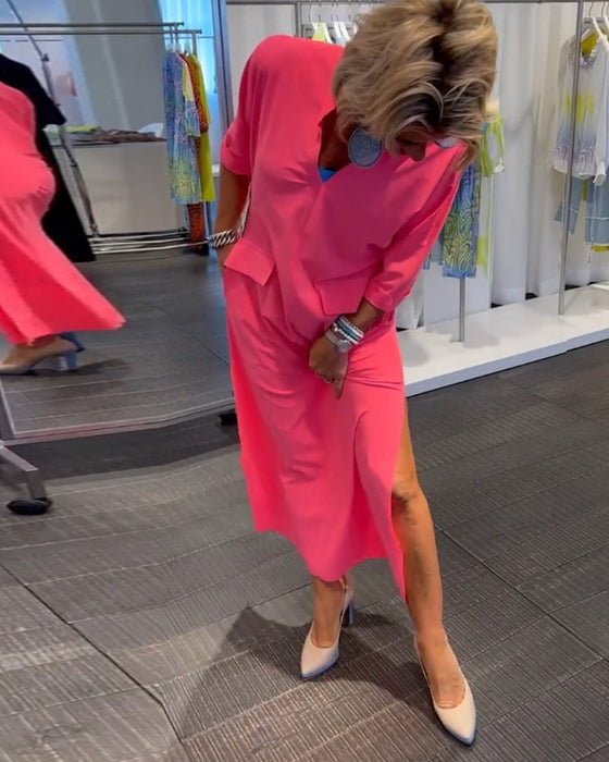 Slit V-neck solid color dress