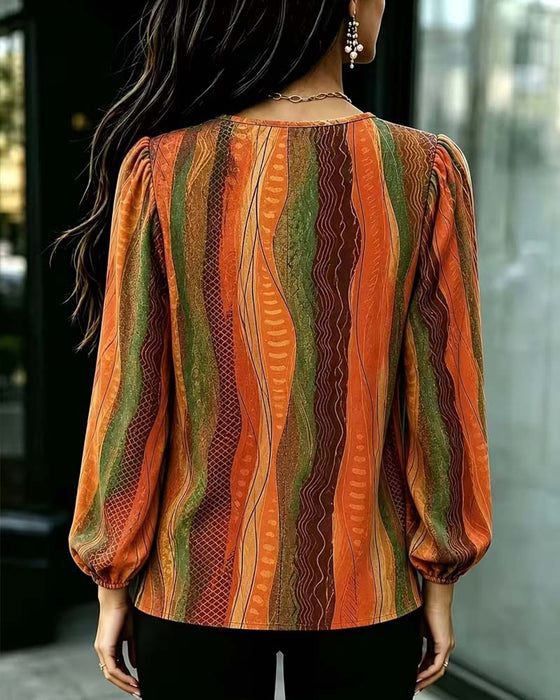 V-neck Puff Sleeve Color-Block Long-Sleeve Top
