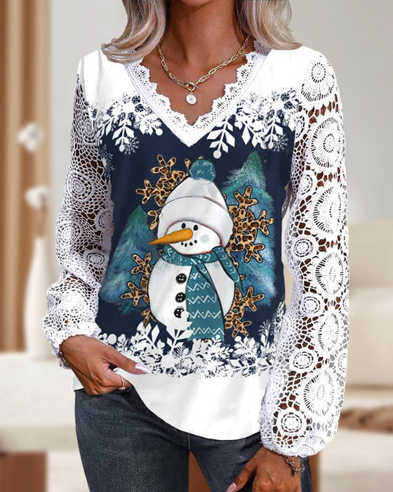 Lace snowman long-sleeve blouse