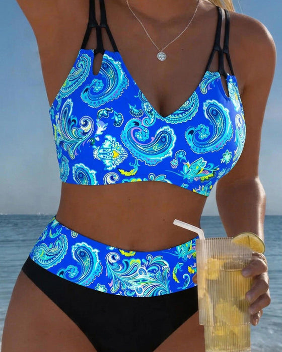 Color Block Strap Paisley Bikini