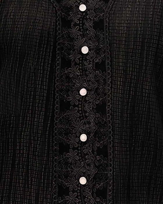 Lace Patchwork V-Neck Puff Sleeve Blouse