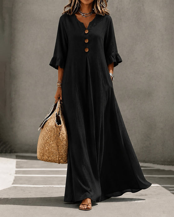 V-Neck Button Ruffle Full Skirt Dress