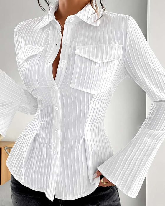 Pocket Striped Flare Sleeve Shirt