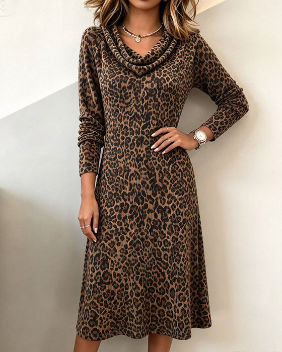 Slouchy Mock Neck Leopard Long Sleeve Dress