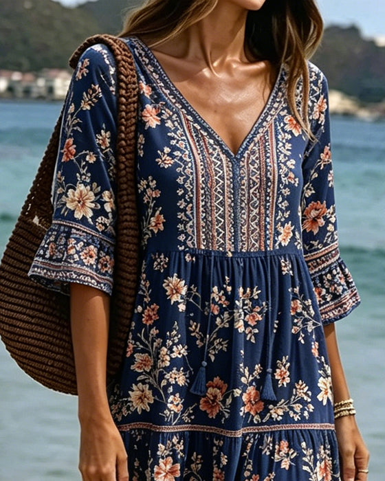 V-Neck Ethnic Floral Patchwork Dress