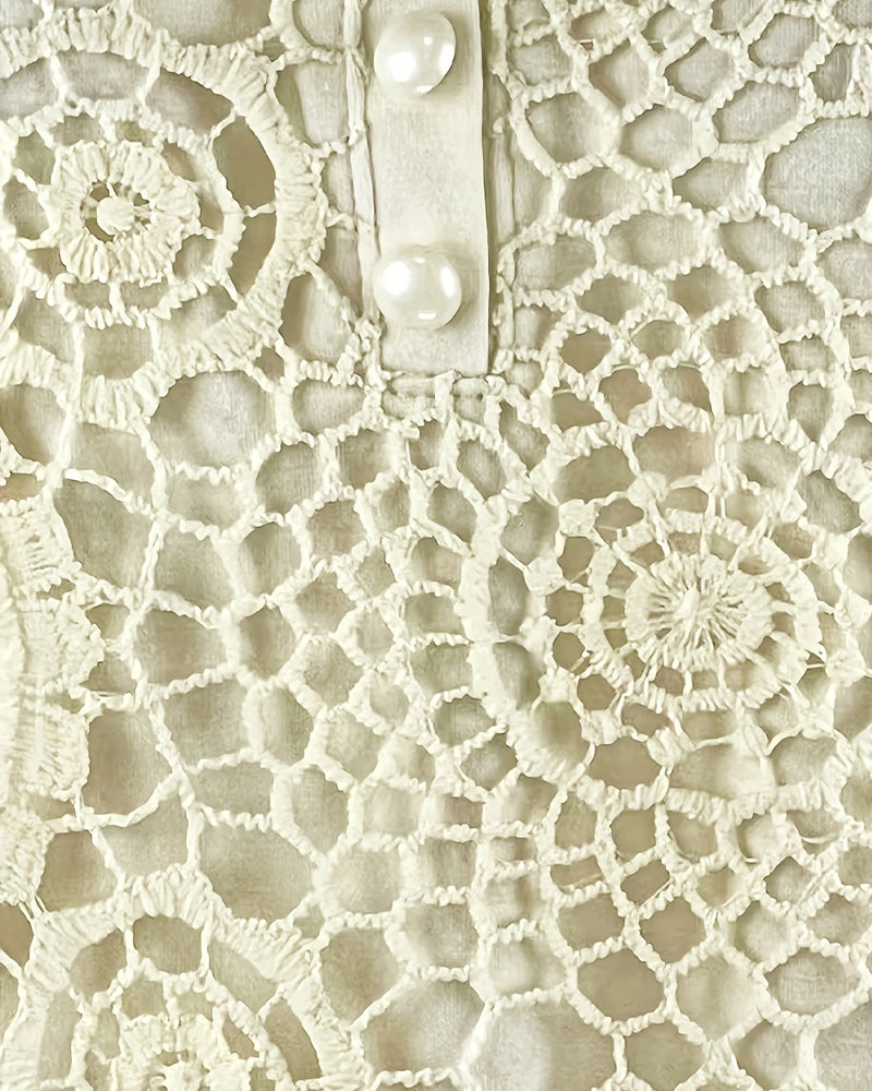 Lace Panel Short Sleeve Beaded Button Blouses