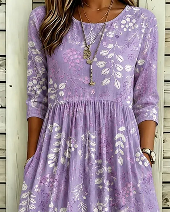 Crew Neck Leaf Print Fitted Waist Dress