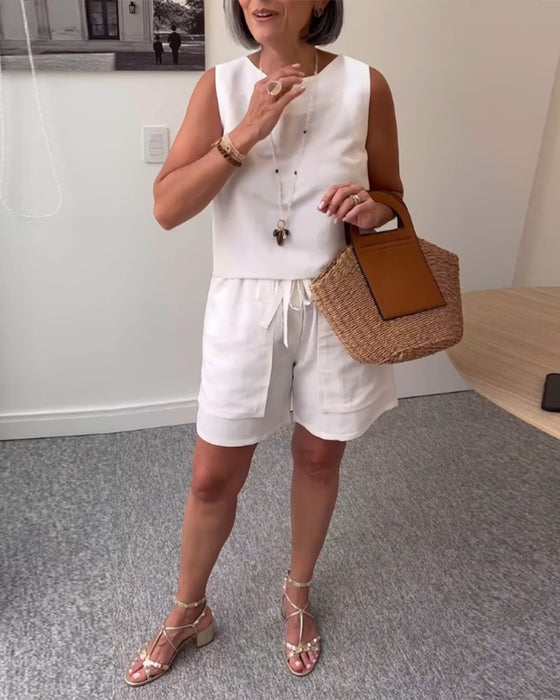 Round Neck Vest Shorts Solid Color Suit