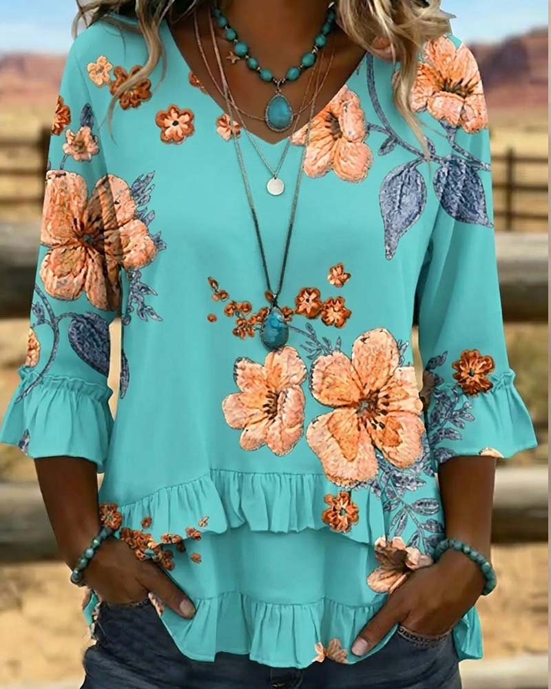 V-Neck Vintage Floral Loose Fit Blouse