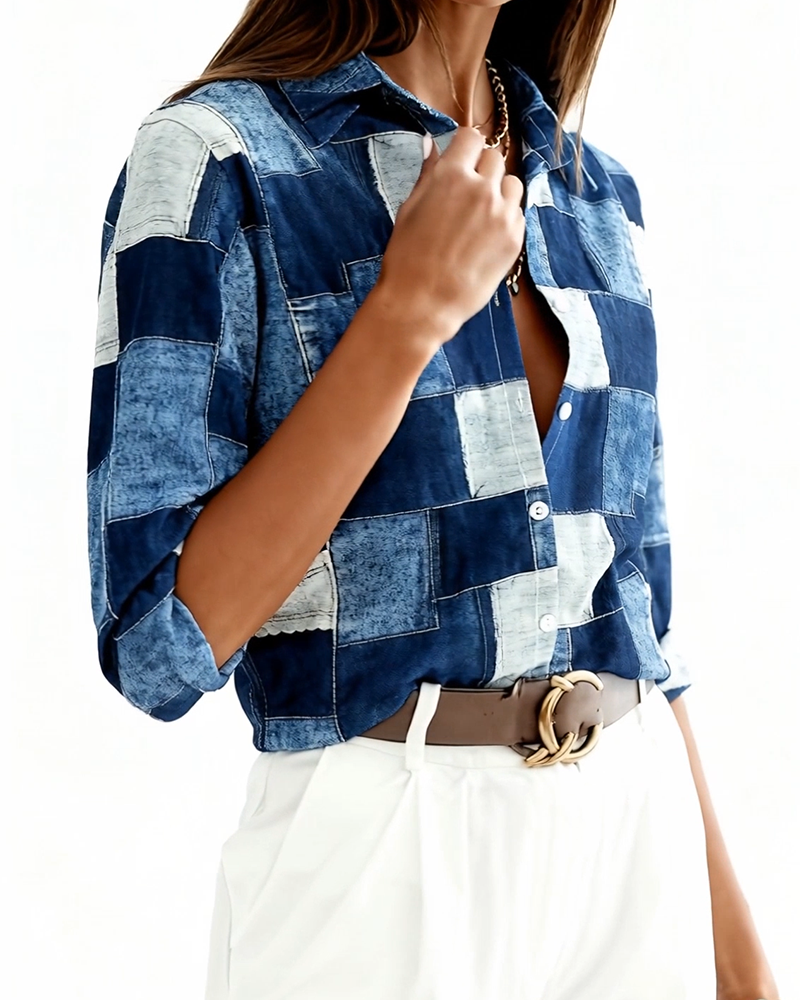 Checkered Print Color-Blocking Shirt