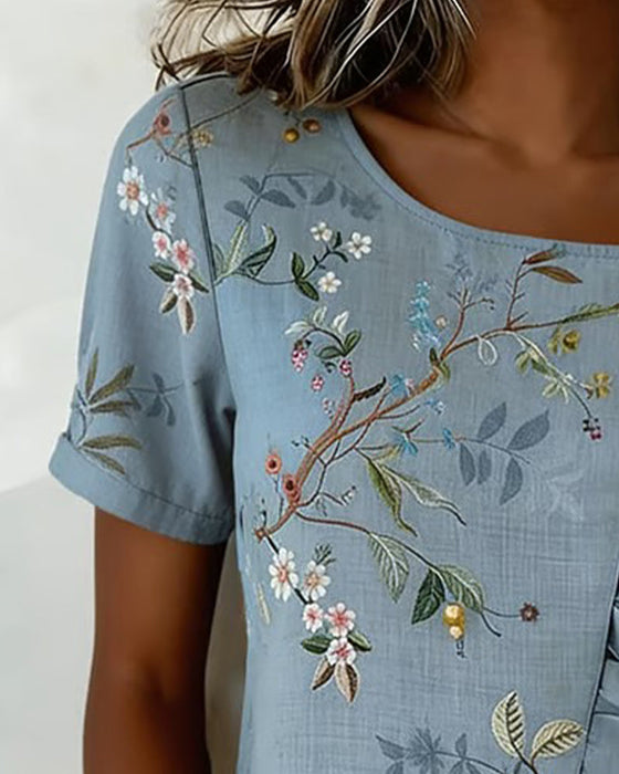 Crewneck Short Sleeve Ruffle Floral Blouse