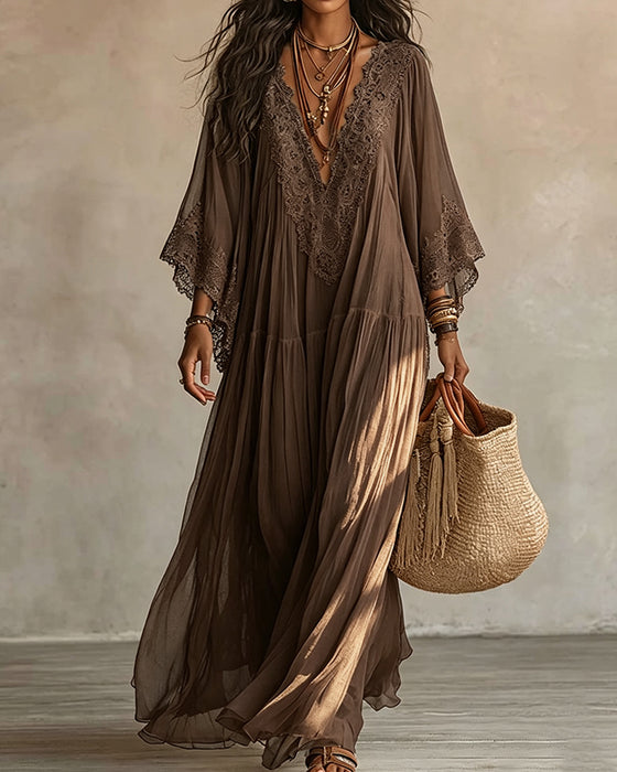 V-Neck Lace Patchwork Solid Color Dress