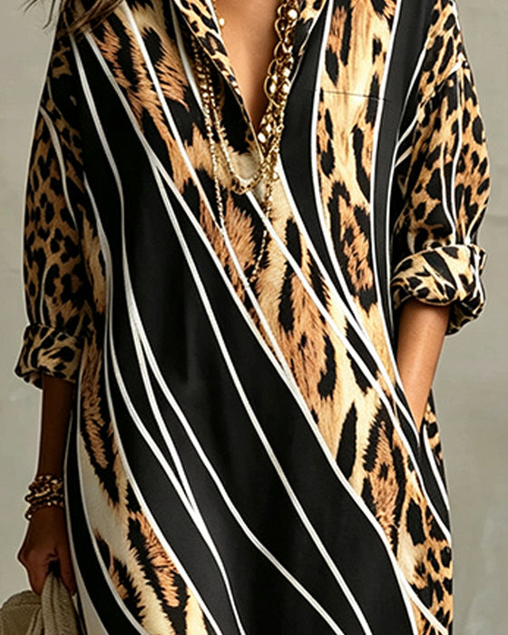 Leopard Diagonal Stripe Lapel Dress