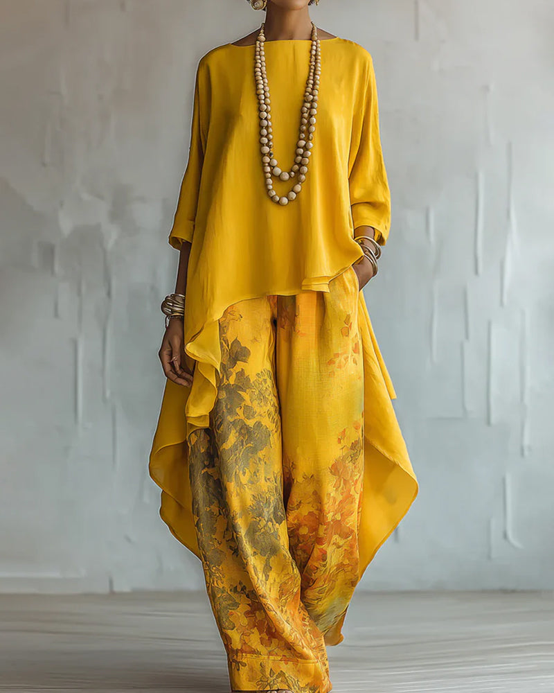 Asymmetrical Hem Top Wide Leg Pant Set