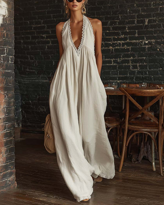 Deep V Sleeveless Wide-Leg Jumpsuit