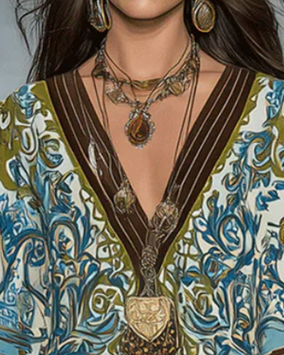 V-Neck Color-Block Print Dress