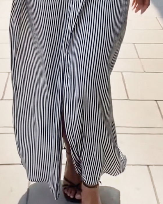 Long Sleeve Lapel Loose Striped Shirt Dress