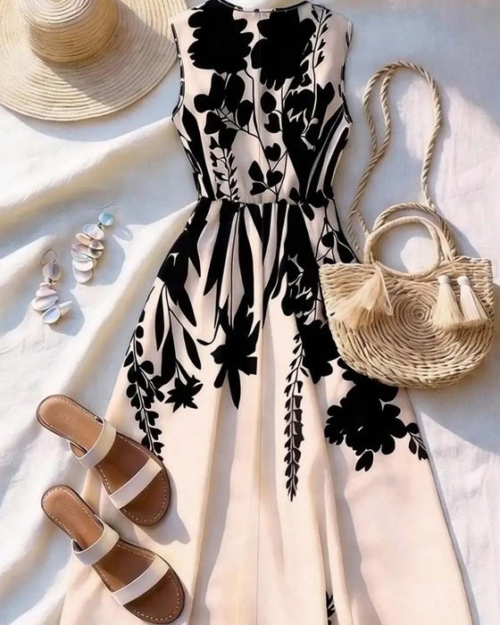 V-Neck Waist A-Line Sleeveless Dress