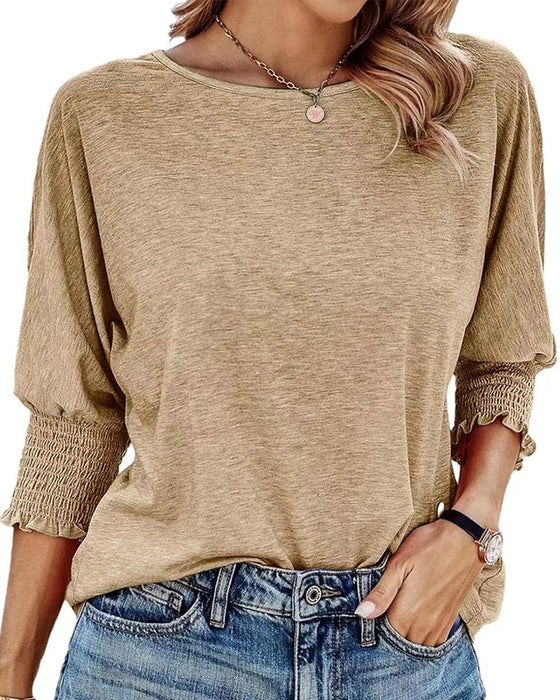 Loose Round Neck Shirred Cuff T Shirt