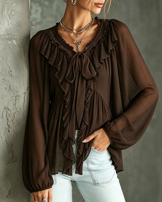 Ruffled V-Neck Tie Blouse