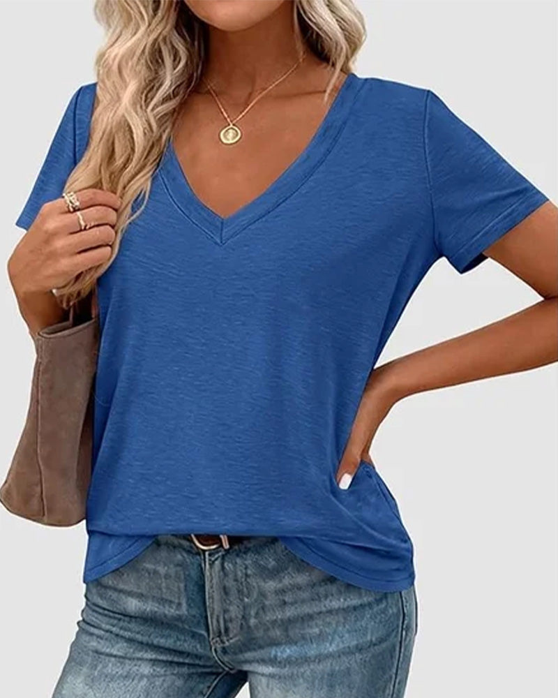 Pullover V-Neck Solid T-Shirt